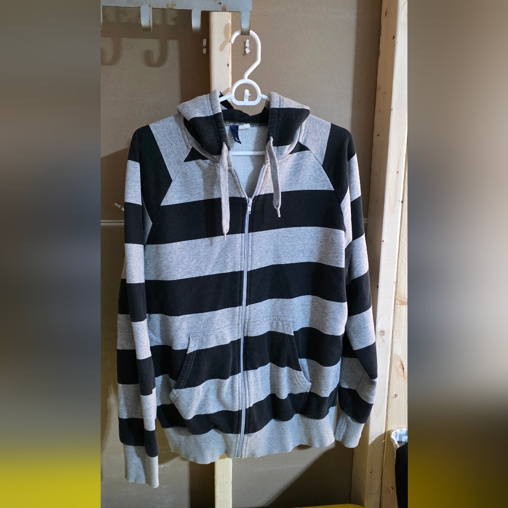 H&M Black and Gray Striped Zip-Up Sweater